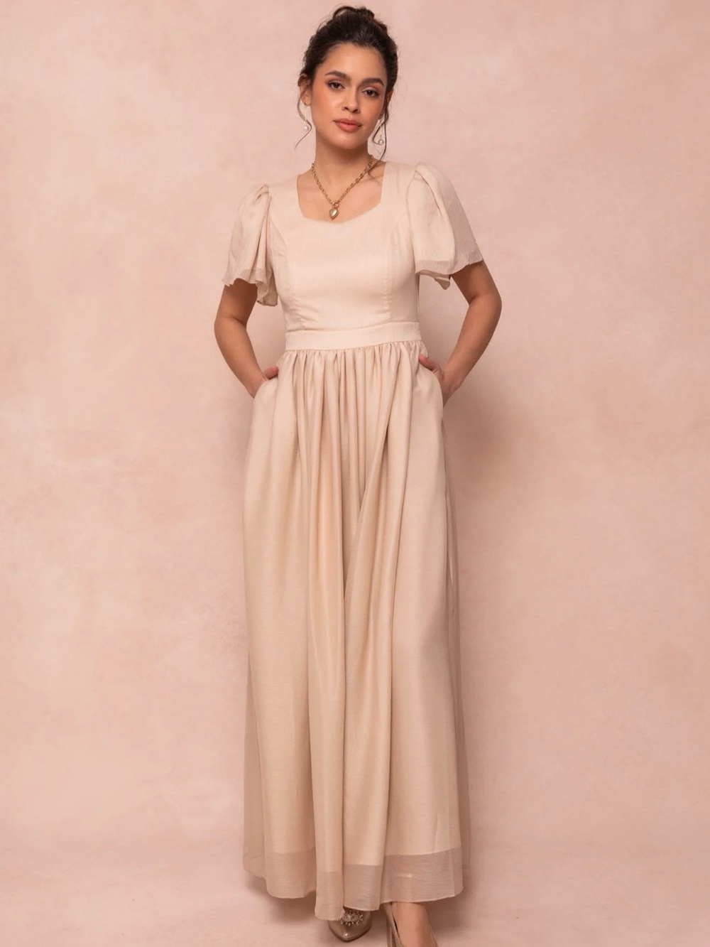 Elegant Champagne Square-Neck Maxi Dress